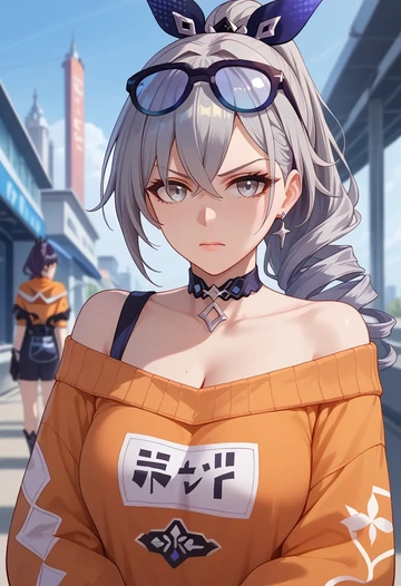 star rail,silver wolf,orange,sweater,choker  - AI generated anime art